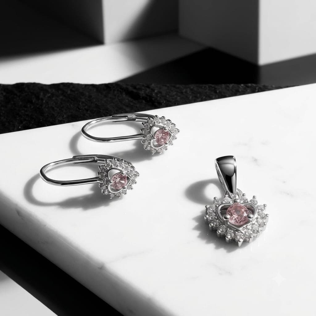 Conjunto de plata con circón rosado joyería artesanal Yupana Sangolquí Ecuador
