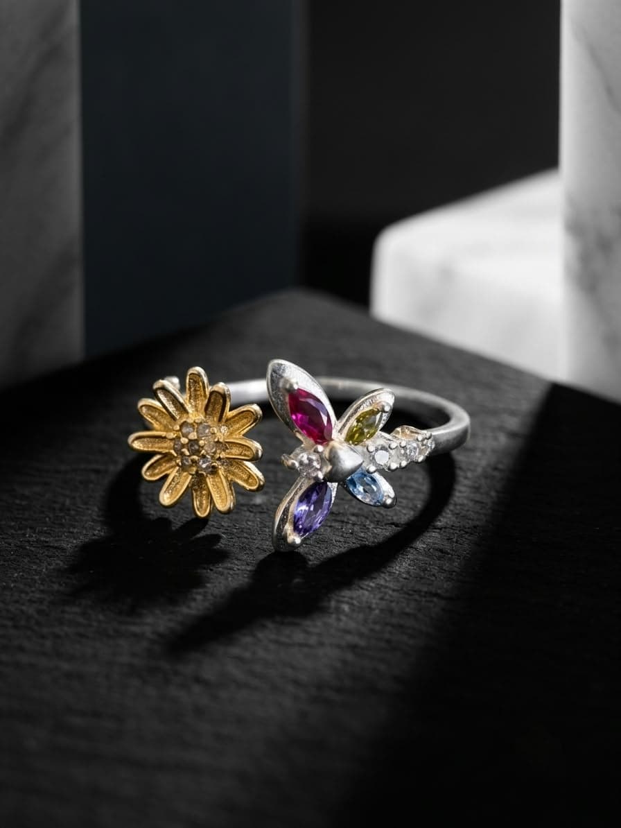 Anillo Regulable Mariposa y Girasol Rodinado joyería artesanal Yupana Sangolquí Ecuador